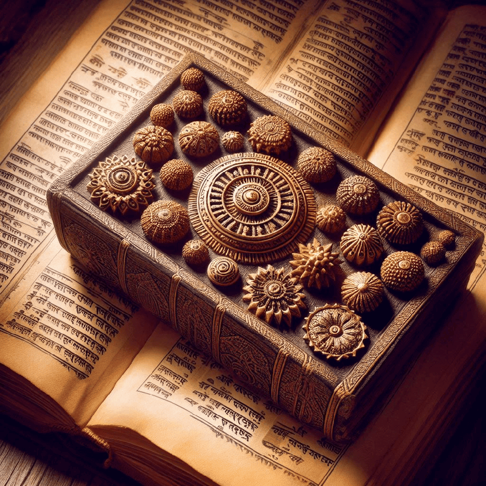 An image of ancient scriptures that reference Rudraksha, highlighting its historical significance